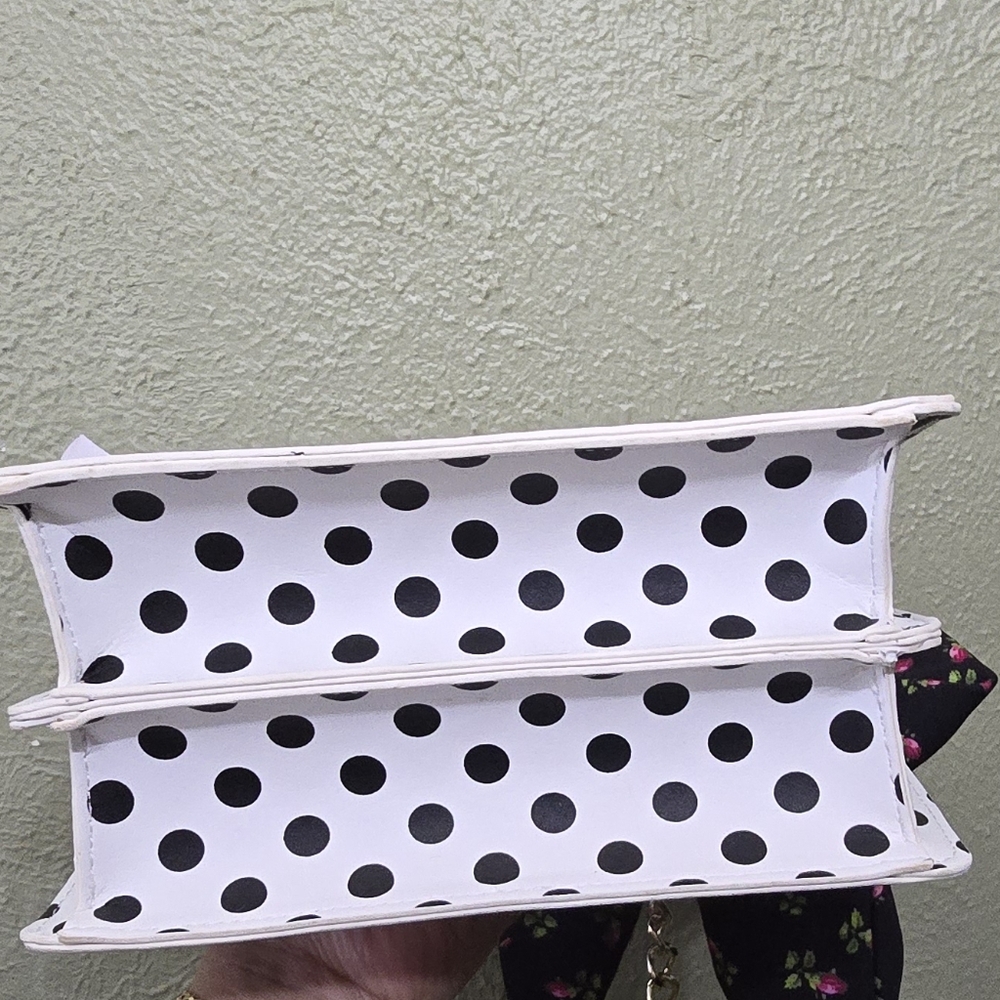 Betsey Johnson Black & White Polka Dot Top Handle Satchel with Floral Bow - Picture 8 of 9